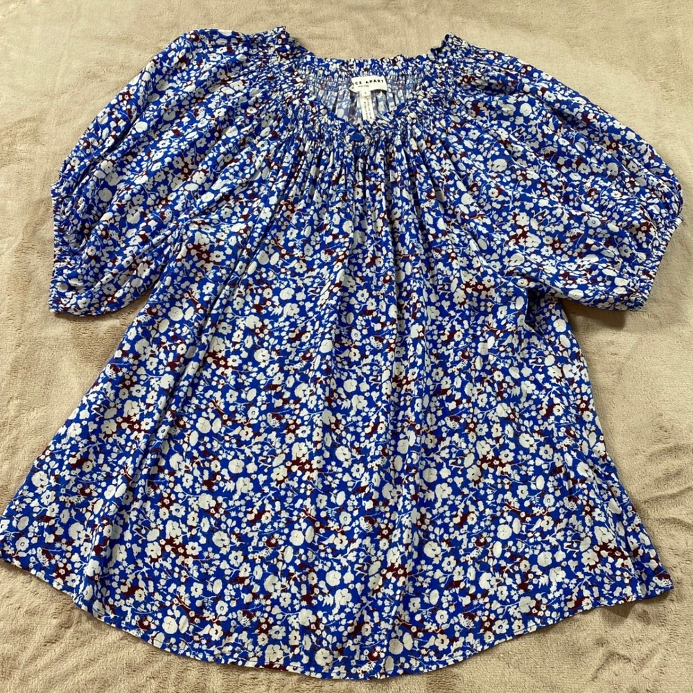 Apiece Apart Kura Top Floral Smocked Neck Puff Short Sleeve Viscose Blouse S